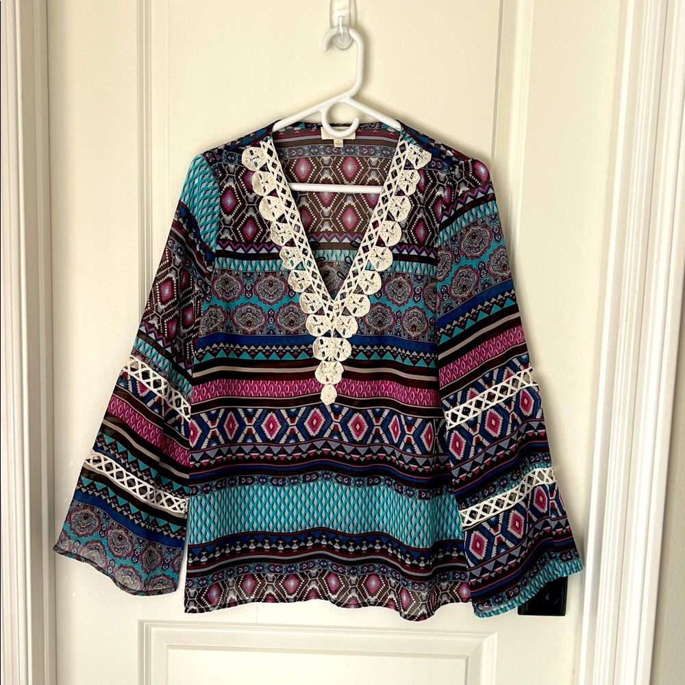 Umgee Womens Top S Oversized Tribal Sheer Crochet Boho Color Block Festival